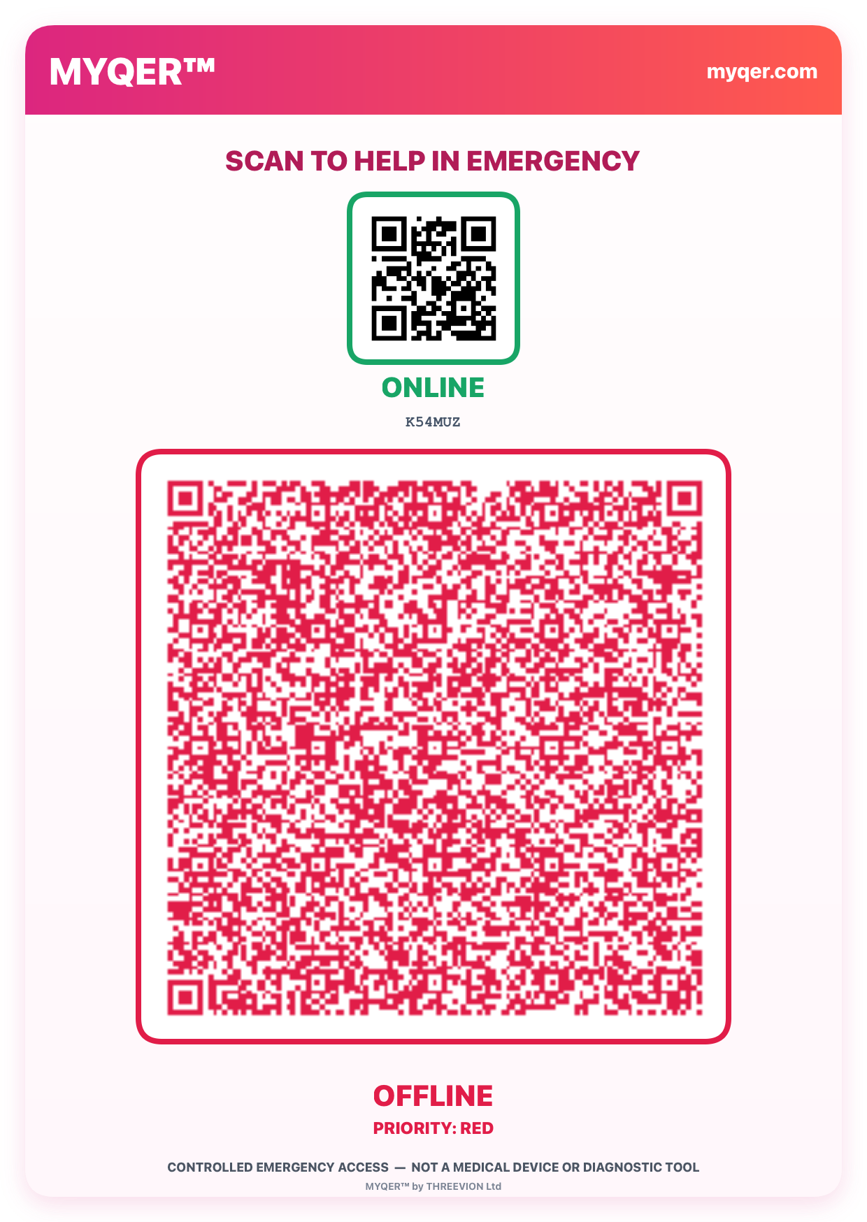 The MYQER QR card showing an online QR code and an offline QR code for emergency information access