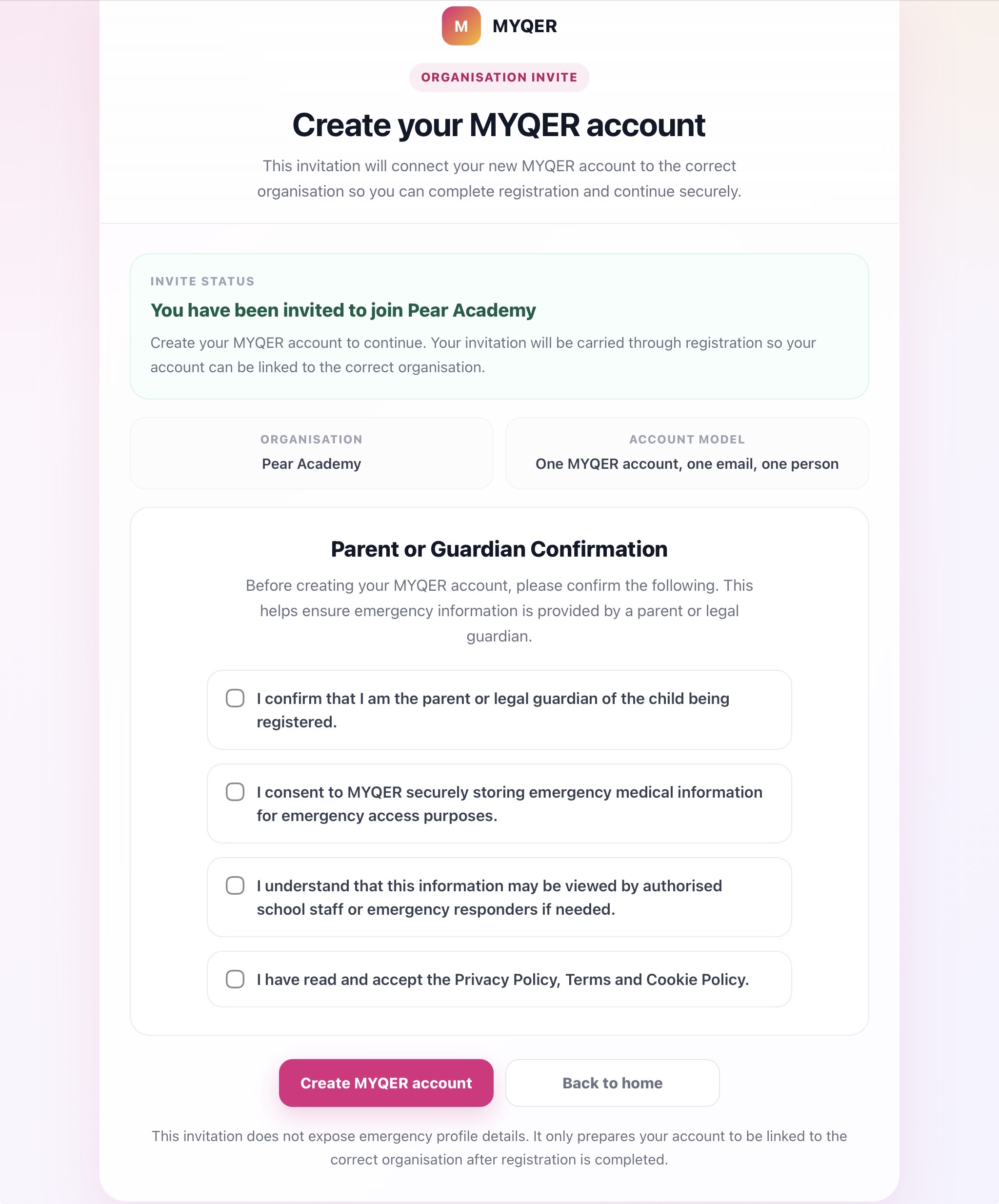 The MYQER parent invite journey showing what parents see after receiving a secure school invite link